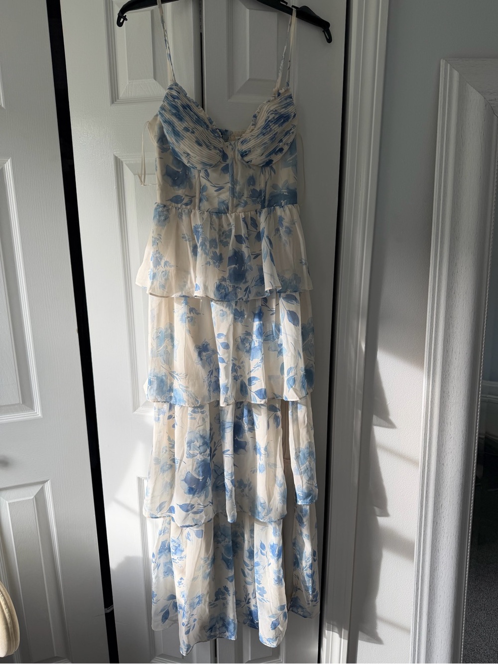 Birdy Grey Cream and Light Blue Floral Tiered Midi Dress